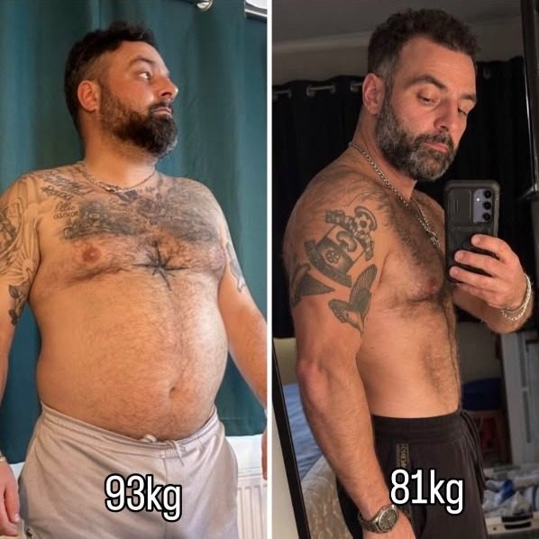 Liam before and after ten weeks of online coaching, at 93kg and then 81kg